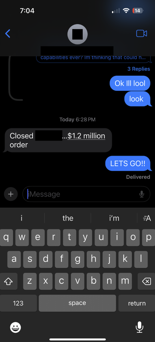 Client text message about closing a $1.2M deal